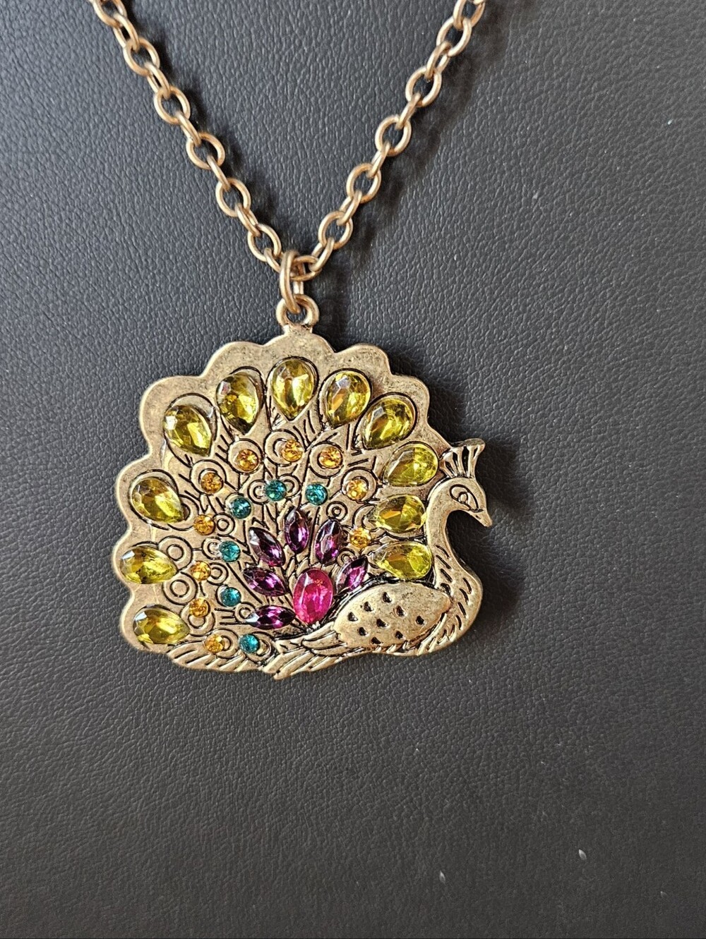 Peacock Pendant Necklace Multicolor Rhinestones Antique Brass Chain 18 In